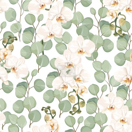 Illustration for Seamless tropical pattern with white Phalaenopsis orchid flowers and eucalyptus leaves. Stock vector illustration on a white background. - Royalty Free Image