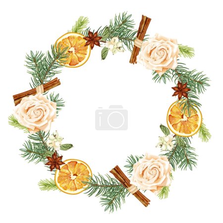 Illustration for Christmas wreath, frame with dried orange, fir tree, cinnamon, anise and snowberry. Aroma decoration. Cozy decor. Stock vector illustration on a white background. - Royalty Free Image