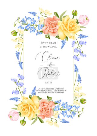 Illustration for Spring floral frame with rose flower, ranunculus, delphinium, hyacinth and sweet pea. Wedding invitation, greeting card, banner. Stock vector illustration on a white background. - Royalty Free Image