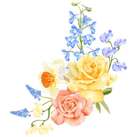 Illustration for Spring bouquet with yellow and pink rose, narcissus, blue delphinium flower, hyacinth and sweet pea. Stock vector illustration on a white background. - Royalty Free Image