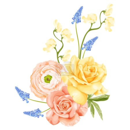 Illustration for Spring bouquet with yellow rose, pink ranunculus, blue hyacinth flower and sweet pea. Stock vector illustration on a white background. - Royalty Free Image