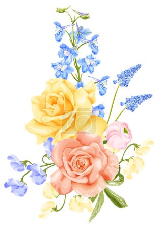 Illustration for Spring bouquet with yellow and pink rose, blue delphinium flower, hyacinth and sweet pea. Stock vector illustration on a white background. - Royalty Free Image