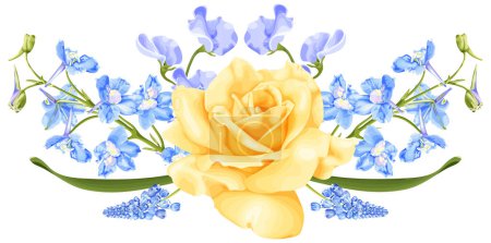 Illustration for Spring bouquet with yellow rose, delphinium flower and hyacinth. Stock vector illustration on a white background. - Royalty Free Image
