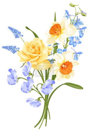 Illustration for Spring bouquet with yellow rose, narcissus, blue delphinium flower, hyacinth and sweet pea. Stock vector illustration on a white background. - Royalty Free Image