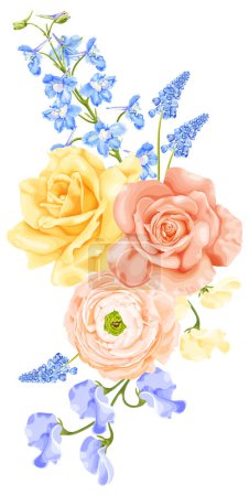Illustration for Spring bouquet with yellow and pink rose, blue delphinium flower, hyacinth, ranunculus and sweet pea. Stock vector illustration on a white background. - Royalty Free Image