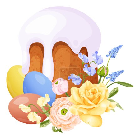 Illustration for Spring composition with traditional Easter cake and eggs, rose, ranunculus, hyacinth and sweet pea flowers. Stock vector illustration on a white background. - Royalty Free Image