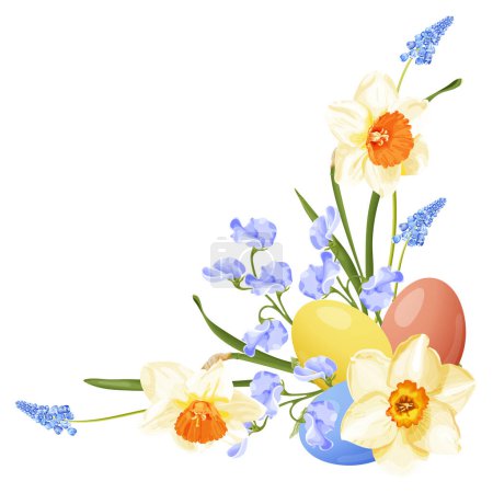 Illustration for Spring bouquet with narcissus, blue hyacinth, sweet pea and Easter eggs. Stock vector illustration on a white background. - Royalty Free Image