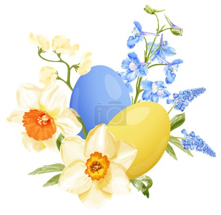 Illustration for Spring bouquet with narcissus, blue hyacinth, delphinium, sweet pea and Easter eggs. Stock vector illustration on a white background. - Royalty Free Image