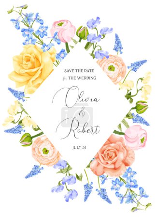 Illustration for Spring floral frame with rose flower, ranunculus, delphinium, hyacinth and sweet pea. Wedding invitation, greeting card, banner. Stock vector illustration on a white background. - Royalty Free Image