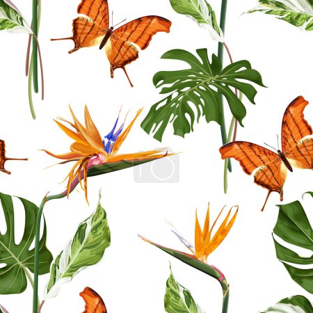 Ilustración de Patrón tropical sin costuras de verano con flores de strelitzia, hojas exóticas de monstera y mariposa naranja. Ilustración de vector de stock sobre fondo blanco. - Imagen libre de derechos
