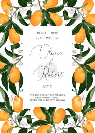 Tropenrahmen, Einladung, Karte mit Kumquatblüte und Früchten. Exotisches Design von Hochzeitseinladungen. Vektorillustration.