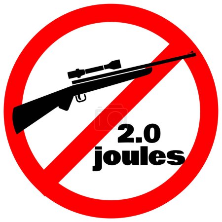 Weapons above 2.0 joules not allowed. Airsoft field forbidden red circle sign.
