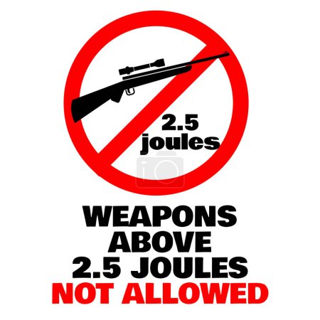 No se permiten armas superiores a 2,5 julios. Campo airsoft prohibido signo círculo rojo.