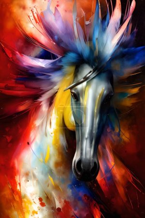 colorful head of a running Horse with unicorn on coclorfull Background