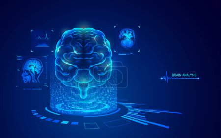 Téléchargez les illustrations : Analyse du cerveau avec élément technologique des soins médicaux, graphique de l'interface IRM - en licence libre de droit