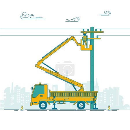 Illustration for Graphic of electric pole and electrician with basket crane truck on process of maintenance - Royalty Free Image