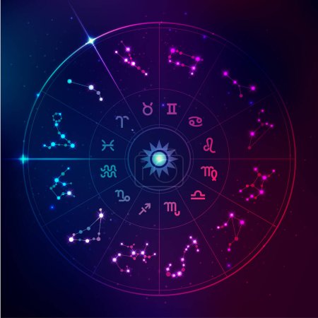 Téléchargez les illustrations : Vecteur de signes horoscopiques dans le style technologique futuriste, étoiles de galaxie dans le zodiaque - en licence libre de droit