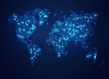 Photo for Concept of internet of things, graphic of world map combined with digital technology icons - Royalty Free Image