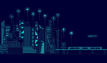 Photo for Concept of smart city, graphic of buildings with digital technology icons - Royalty Free Image