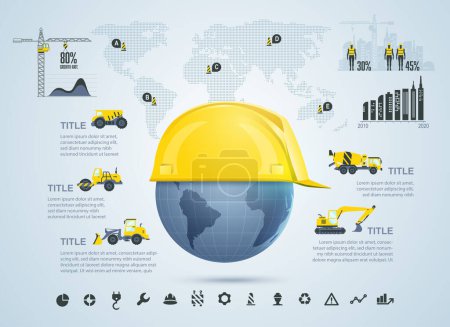 Photo for Graphic of global construction industry infographics and icons, engineer cap with globe - Royalty Free Image
