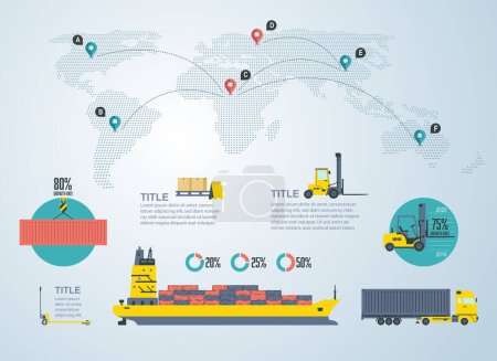 Téléchargez les illustrations : Idées conceptuelles pour la logistique infographie, carte du monde en pointillés avec élément de transport d'affaires mondial - en licence libre de droit