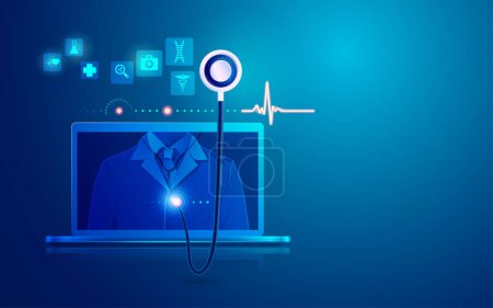 Illustration for Concept of e-health or telemedicine, graphic of computer laptop with healthcare technology application - Royalty Free Image