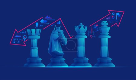 Illustration for Concept of business strategy, graphic of low poly knight, king, queen and rook chess piece with business element - Royalty Free Image
