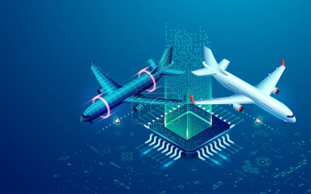 Photo for Concept of digital twin or aviation technology, graphic of microchip with airplane and futuristic element - Royalty Free Image