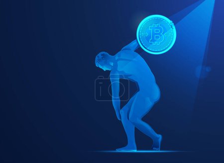 Illustration for Concept of bitcoin investment in Europe, graphic of Discobolus going to throw bitcoin - Royalty Free Image