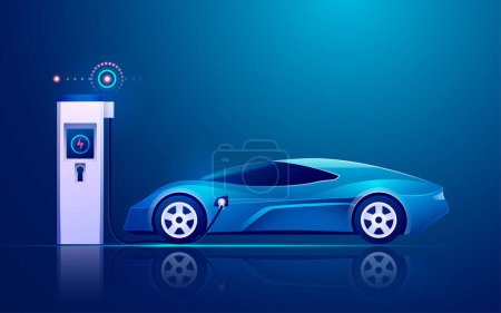 Téléchargez les illustrations : Graphique de la station de chargeur EV avec véhicule électrique dans les industries technologiques modernes - en licence libre de droit