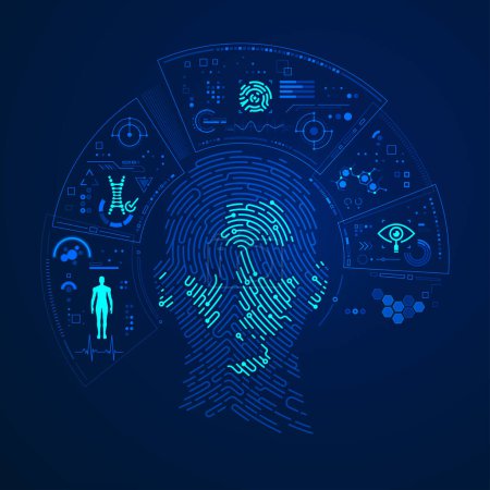 Ilustración de Concepto de biometría o tecnología de reconocimiento facial, gráfico de huella dactilar combinado con rostro humano y elemento futurista - Imagen libre de derechos