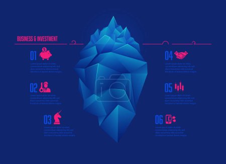 Illustration for Business and investment concept presented with infographics, graphic of low poly iceberg with business icons - Royalty Free Image