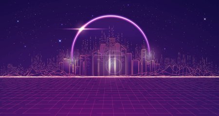 Photo for Graphic of futuristic city with outer space and purple planet as a background - Royalty Free Image