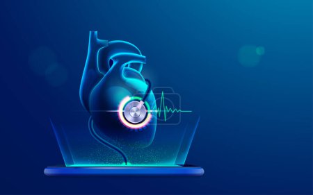 Photo for Concept of online medical or cardiology treatment technology, graphic of human heart analysed by stethoscope from mobile application - Royalty Free Image