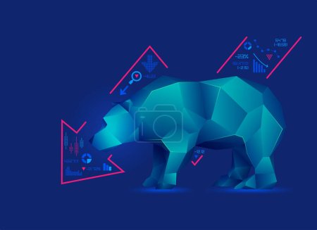 Konzept der Bärenbildung an der Börse, Grafik des niedrigen Poly Bären mit abnehmender Grafik