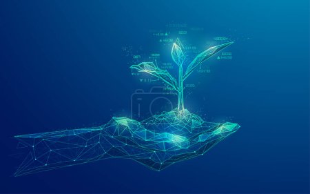 Photo for Concept of business investment or stock market strategy, graphic of wireframe hand holding young plant combined with stock market element - Royalty Free Image