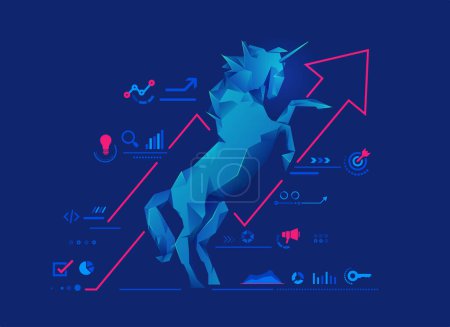 concepto de startup unicornio o negocio exitoso, gráfico de unicornio poli bajo con elementos de negocio startup