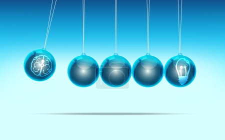 Illustration for Swing of the pendulum, blue metallic ball with brain and light bulb icon - Royalty Free Image