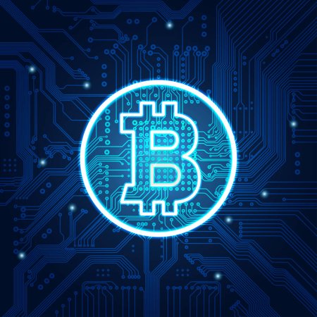 Bitcoin-Symbol kombiniert mit elektronischer Tafel, Konzept des Online-Handels