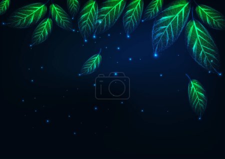 Illustration for Futuristic abstract natural landscape at night banner with glowing low polygonal green leaves on dark blue background. Modern wire frame mesh design vector illustration. - Royalty Free Image