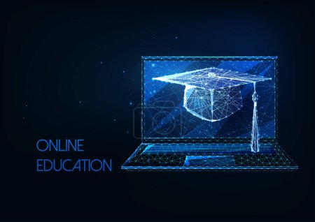 Illustration for Futuristic online education, distance learning concept with glowing low polygonal graduation cap and laptop on dark blue background. Modern wire frame mesh design vector illustration. - Royalty Free Image