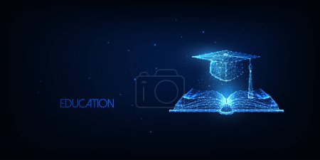 Illustration for Futuristic education concept with glowing low polygonal open book and graduation cap isolated on dark blue background. Modern wire frame mesh design vector illustration. - Royalty Free Image