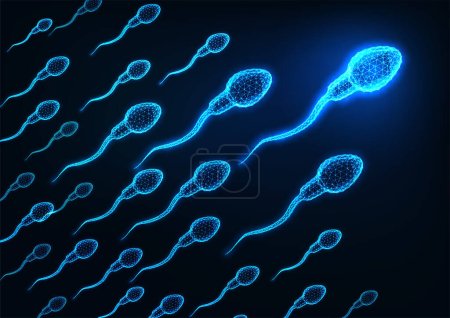 Futurista brillante bajo poligonal espermatozoides humanos sobre fondo azul oscuro. Células reproductivas masculinas Moderno marco de alambre malla diseño vector ilustración.