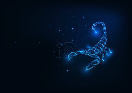 Illustration for Futuristic glowing low polygonal scorpion isolated on dark blue background. Zodiac sign Scorpio. Modern wireframe mesh design vector illustration. - Royalty Free Image