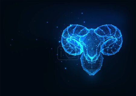 Illustration for Futuristic Aries zodiac sign concept with glowing low polygonal ram or mouflonhead isolated on dark blue background. Modern wireframe mesh design vector illustration. - Royalty Free Image