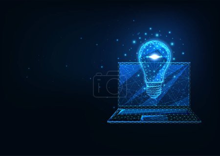 Futuristisches, kreatives Geschäftsidee-Konzept mit glühend niedrigem polygonalen Laptop und Glühbirne auf dunkelblauem Hintergrund. Modernes Drahtgitter-Design Vektor-Illustration.