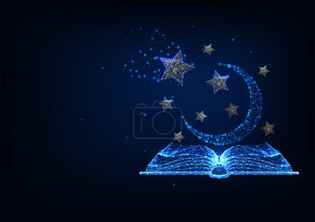 Illustration for Futuristic storytelling, mystery stories concept with glowing low polygonal open book, stars and moon isolated on dark blue background. Modern wire frame mesh design vector illustration. - Royalty Free Image