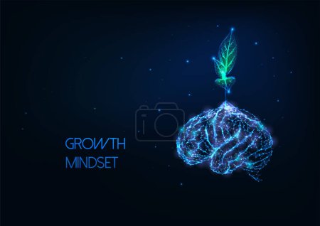 Futuristic growing mindset concept with glowing low polygonal green plant growing from human brain isolated on dark blue background. Modern wireframe design vector illustration