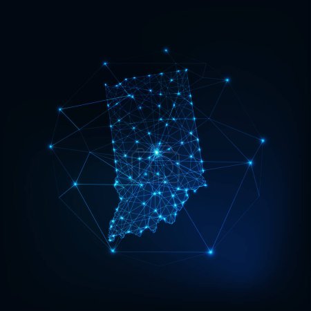 Illustration for Indiana state USA map glowing silhouette outline made of stars lines dots triangles, low polygonal shapes. Communication, internet technologies concept. Wireframe futuristic vector illustration - Royalty Free Image