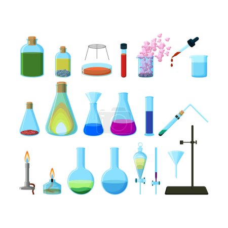 Illustration for Set of bright colorful chemical laboratory glassware isolated on white background. Cartoon style vector illustration - Royalty Free Image